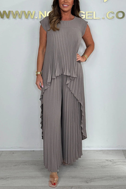 🌺Zomerspecial - 50% korting  Laney Geplooide Korte Mouw Onregelmatige Midi Top en Elastische Taille Broek met Wijde Pijpen Set