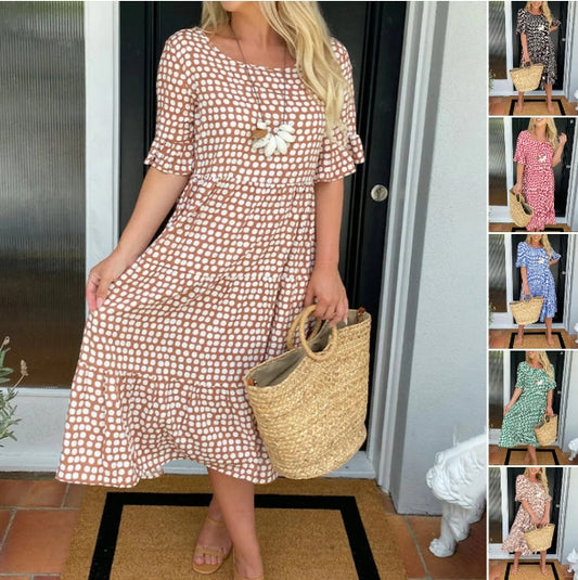 🌸Midi-jurk met ronde hals en stippenprint