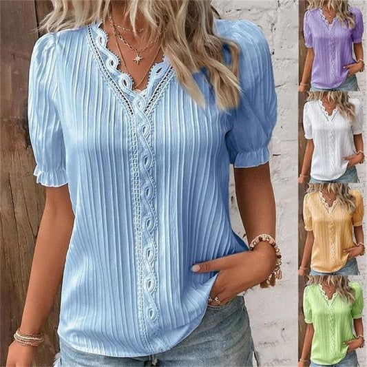 ⏳ Beperkte tijd 50% korting! 💥V-hals effen gekleurde kanten elegante blouse