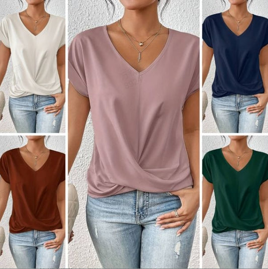 🎉Speciale prijs🎉👚Casual t-shirt met korte mouwen en elegante v-hals plooien