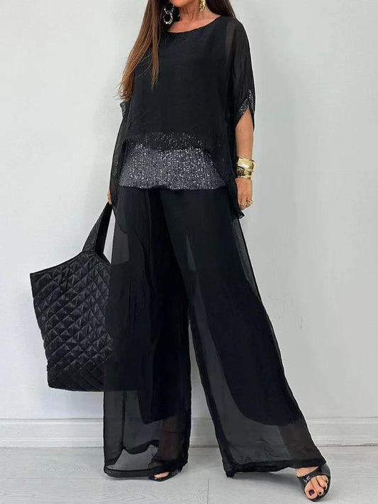 Dubbelzijdige pailletten stiksels top met broek