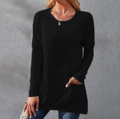 Women Casual Long Sleeve T-Shirt with Round Neck Pocket