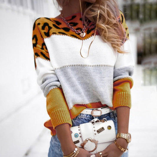 Women's Color Block Leopard Pattern Round Neck Sweater