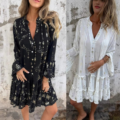 💐Dames Midi-jurk met geometrisch patroon Comfortabele V-hals