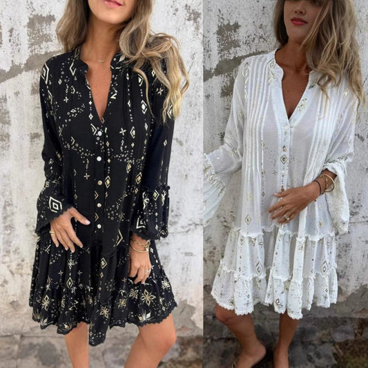 💐Dames Midi-jurk met geometrisch patroon Comfortabele V-hals