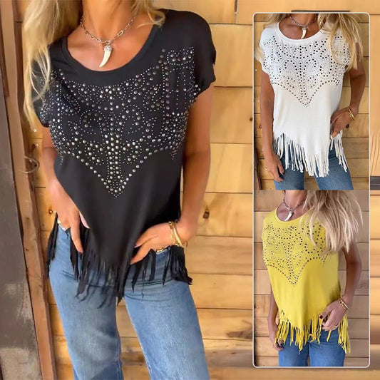 ⏳Beperkte tijd 50% korting!💥 💞Effen dames-T-shirt met korte mouwen, hot print en gerafelde zoom
