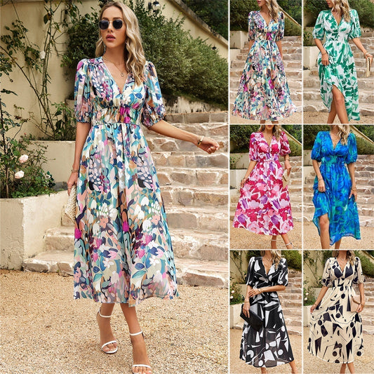 ⏳Beperkte tijd 50% korting!🌸Elegante taille jurk met V-hals print