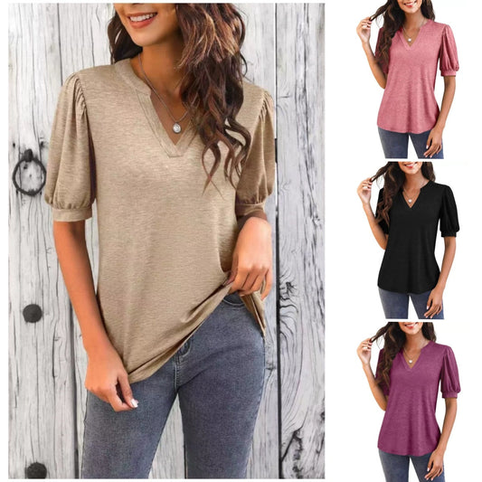 🔥Super speciale prijs-50% UIT👚Vrouwen V-hals Casual Puff Korte Mouw Top Elegant T-shirt
