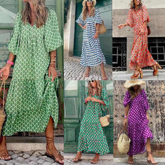 🎉Laatste dag voor kortingen van beperkte duur🎉Dames elegante maxi-jurk met pofmouwen, bloemenprint en boho-stijl