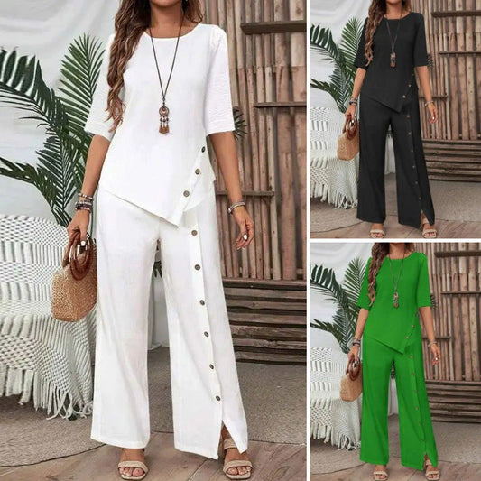 👚👖 Vrouwenset met onregelmatige zoom, top en broek met wijde pijpen